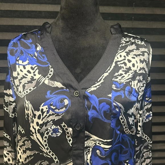 AB Studio Women’s Chain Print 3/4 Sleeve V-Neck Collarless Shirt Large - Picture 6 of 10